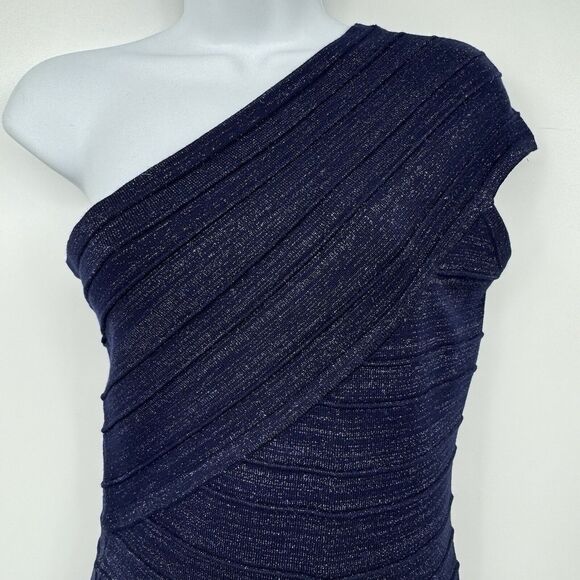 Foreign Exchange One Shoulder Bandage Mini Dress Womens M Navy Shimmer Bodycon - Picture 3 of 10